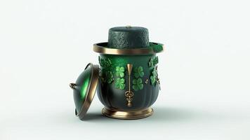 3D Render of Golden And Green Antique Pot With Decorative Clover Leaves. St. Patrick's Day Concept. photo
