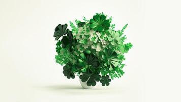 3D Render of White And Green Clover Plant Pot Element. St. Patrick's Day Concept. photo