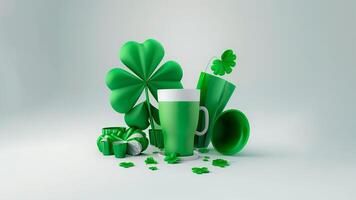 3D Render of Clover Leaves With Mugs, Vase Element On Grey Background. St. Patrick's Day Concept. photo