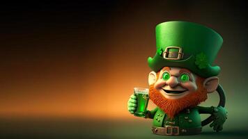 3D Render Closeup of Cheerful Leprechaun Man Holding Drink Glass And Copy Space. St. Patrick's Day Concept. photo