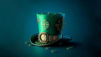 3D Render of Golden And Green Clover Leaves Printed Leprechaun Hat, Coins On Blue Background. St. Patrick's Day Concept. photo