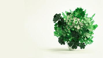3D Render of White And Green Clover Plant Pot Element. St. Patrick's Day Concept. photo