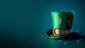 3D Render of Golden And Green Clover Leaves Printed Leprechaun Hat, Coins On Blue Background. St. Patrick's Day Concept. photo