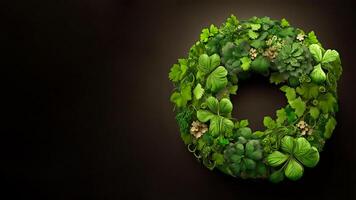 3D Render of Clover And Tropical Leaves Forming Wreath Against Dark Background. St. Patrick's Day Concept. photo