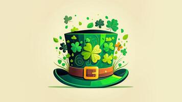 3D Render of Leprechaun Hat With Decorative Clover Leaves Copy Space. St. Patrick's Day Concept. photo