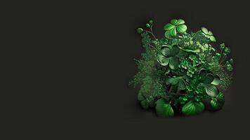 Green Shamrock Bush On Black Background And Copy Space. 3D Render, St. Patrick's Day Concept. photo