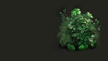 Green Shamrock Bush On Black Background And Copy Space. 3D Render, St. Patrick's Day Concept. photo