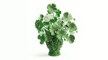3D Render of Exquisite Clover Plant Pot Against White Background. St. Patrick's Day Concept. photo