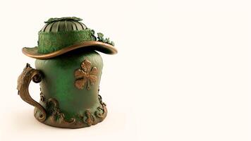 3D Render of Green And Golden Fedora Hat Covered Ancient Ethnic Pot On White Background. St. Patrick's Day Concept. photo