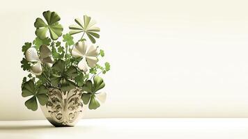 3D Render of White And Green Clover Plant Pot And Copy Space. St. Patrick's Day Concept. photo