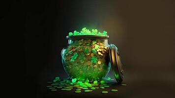 3D Render, Transparent Pot Full of Golden Coins With Clover Leaves On Dark Background. St. Patrick's Day Concept. photo