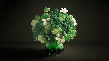 3D Render of White And Green Clover Plant Pot On Dark Background. St. Patrick's Day Concept. photo