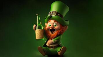 3D Render of Cheerful Leprechaun Man Holding Wine Bottle In Sitting Pose On Green Background. St. Patrick's Day Concept. photo