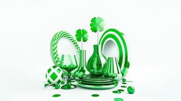 3D Render of Clover Plant Vases With Cocktail Glass, Balls Decorated Background And Copy Space. St. Patrick's Day Concept. photo