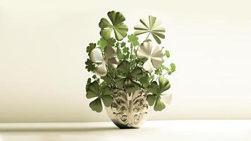 3D Render of White And Green Clover Plant Pot And Copy Space. St. Patrick's Day Concept. photo