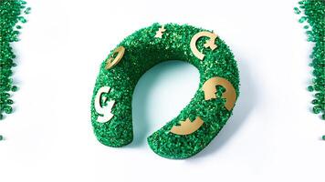 3D Render of Golden And Green Glittery Horseshoe Made By Leaves On Gemstones Border. St. Patrick's Day Concept. photo