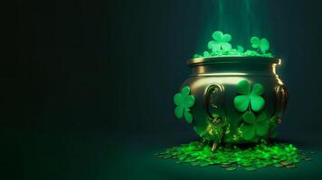 3D Render, Cauldron Pot Full of Clover Leaves On Green Coins Background. St. Patrick's Day Concept. photo