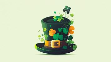 3D Render of Clover Leaves Leprechaun Hat In Green And Golden Color. St. Patrick's Day Concept. photo