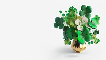 3D Render of Golden And Green Clover Plant Pot And Copy Space. St. Patrick's Day Concept. photo