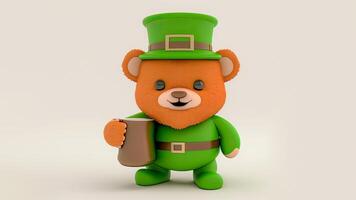 3D Render of Leprechaun Teddy Bear Holding Mug On Beige Background And Copy Space. St. Patrick's Day Concept. photo