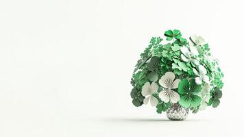 3d hacer de blanco y verde trébol planta maceta y Copiar espacio. S t. patrick's día concepto. foto