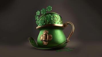 3D Render of Green And Bronze Ancient Ethnic Pot On Dark Background. St. Patrick's Day Concept. photo