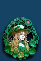 Clay Modeling of Female Leprechaun Inside Vintage Frame On Blue Background. 3D Render, St. Patrick's Day Concept. photo