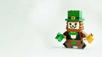 3D Render of Pixel Art or Blocks Leprechaun Toy Holding Hammers And Copy Space. St. Patrick's Day Concept. photo