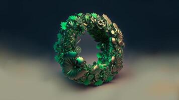 3D Render of Clover And Tropical Leaves Forming Wreath In Green And Golden Color. St. Patrick's Day Concept. photo