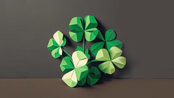 Green Origami Paper Clover Leaves On Dark Gray Background. 3D Render, St. Patrick's Day Concept. photo