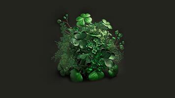 Green Shamrock Bush On Black Background And Copy Space. 3D Render, St. Patrick's Day Concept. photo