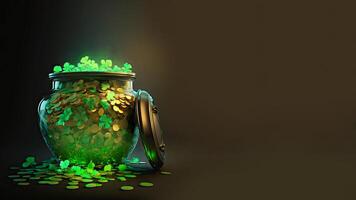 3D Render, Transparent Pot Full of Golden Coins With Clover Leaves On Brown Background. St. Patrick's Day Concept. photo