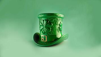 3D Render of Leprechaun Hat Printed With Clover Leaves On Pastel Green Background. St. Patrick's Day Concept. photo