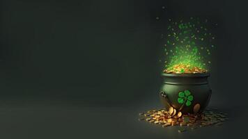 3D Render of Golden Coins Pot And Flying Leaves Against Background With Copy Space. St. Patrick's Day Concept. photo