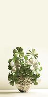 3D Render of White And Green Clover Plant Pot And Copy Space. St. Patrick's Day Concept. photo