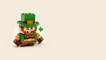 3D Render of Leprechaun Man Made By Building Blocks On Gray Background And Copy Space. St. Patrick's Day Concept. photo