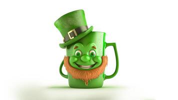 3D Render, Leprechaun Head Mug With Top Hat On White Background And Copy Space. St. Patrick's Day Concept. photo