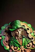 Clay Modeling of Beautiful Female Leprechaun Inside Vintage Frame. 3D Render, St. Patrick's Day Concept. photo