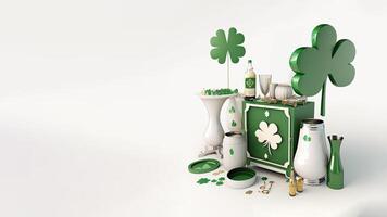 3D Composition of Safe Box With Vases, Clover Leaves And Decorative Elements. St. Patrick's Day Concept. photo