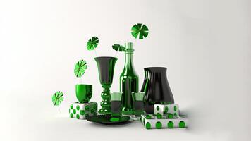 3D Composition of Glassware Bottle With Vases, Gift Boxes Elements On Light Gray Background. St. Patrick's Day Concept. photo