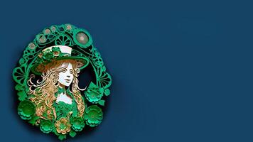 Clay Modeling of Female Leprechaun Inside Vintage Frame On Blue Background. 3D Render, St. Patrick's Day Concept. photo