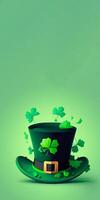 3D Render of Leprechaun Hat With Decorative Clover Leaves On Pastel Green Background. St. Patrick's Day Concept. photo