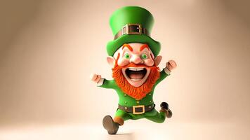 3D Render of Cheerful Leprechaun Man Character In Running Pose And Copy Space. Patrick's Day Concept. photo