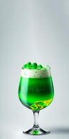 3D Render of Green Foam Drink Glass On Grey Background And Copy Space. St. Patrick's Day Concept. photo