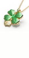 3D Render of Shiny Green And Golden Clover Leaves Pendant Or Locket And Copy Space. St Patricks Day Concept. photo