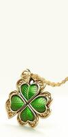 3D Render of Glossy Green And Golden Clover Pendant And Copy Space. St Patricks Day Concept. photo