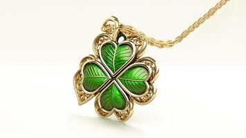 3D Render of Glossy Green And Golden Clover Pendant And Copy Space. St Patricks Day Concept. photo