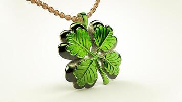 3D Render of Shiny Green Clover Leaves Locket Or Pendant And Copy Space. St Patricks Day Concept. photo