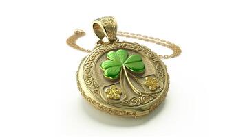 3D Render of Ethnic Green And Golden Clover Pendant And Copy Space. St Patricks Day Concept. photo