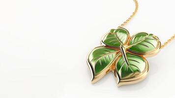 3D Render of Glossy Green And Golden Clover Leaves Pendant Or Locket And Copy Space. St Patricks Day Concept. photo